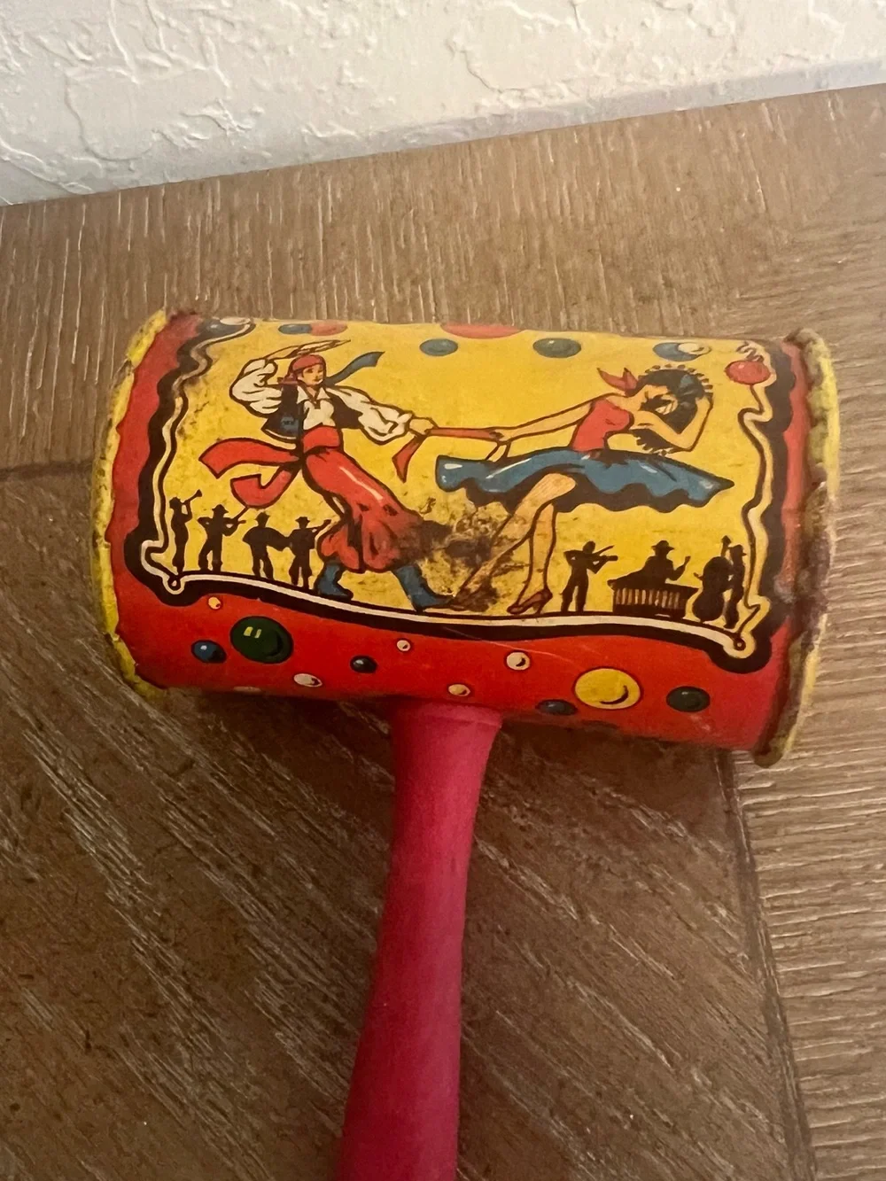 Vintage baby rattle or Rhythm Hammer Toy - Red & Yellow